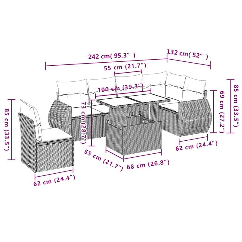 vidaXL 7 Piece Patio Sofa Set with Cushions Black/Brown/Gray Poly Rattan - 24.4 x 24.4 x 27.2