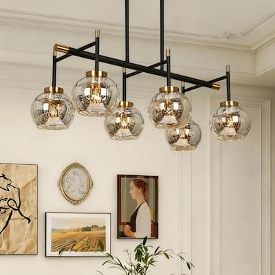 Modern Glam 3/6-Light Black Gold Linear Chandelier Kitchen Island Pendant Lights with Mercury Glass