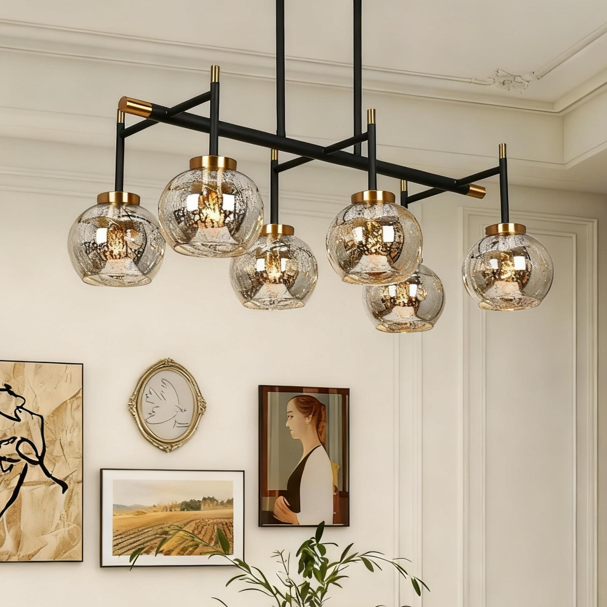 Modern Glam 3/6-Light Black Gold Linear Chandelier Kitchen Island Pendant Lights with Mercury Glass