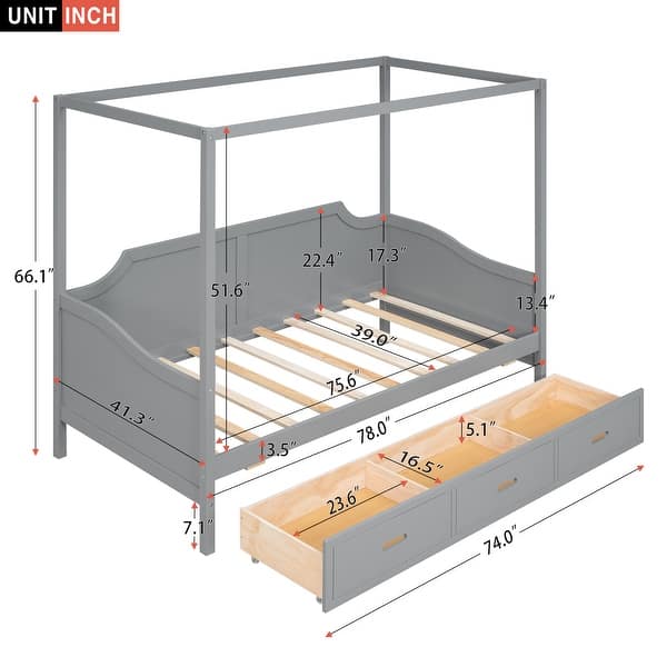 Twin Size Wooden Canopy Bed Daybed with 3 in 1 Storage Drawers and Headboard, Wood Frame Guardrail Bed
