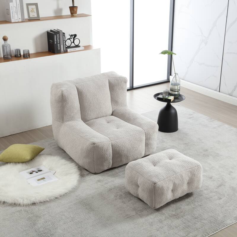 Fluffy Bean Bag Chair with Memory Foam and Ottoman, Super Soft Velvet Bean Bag for Adults & Kids, Comfortable Lazy Sofa