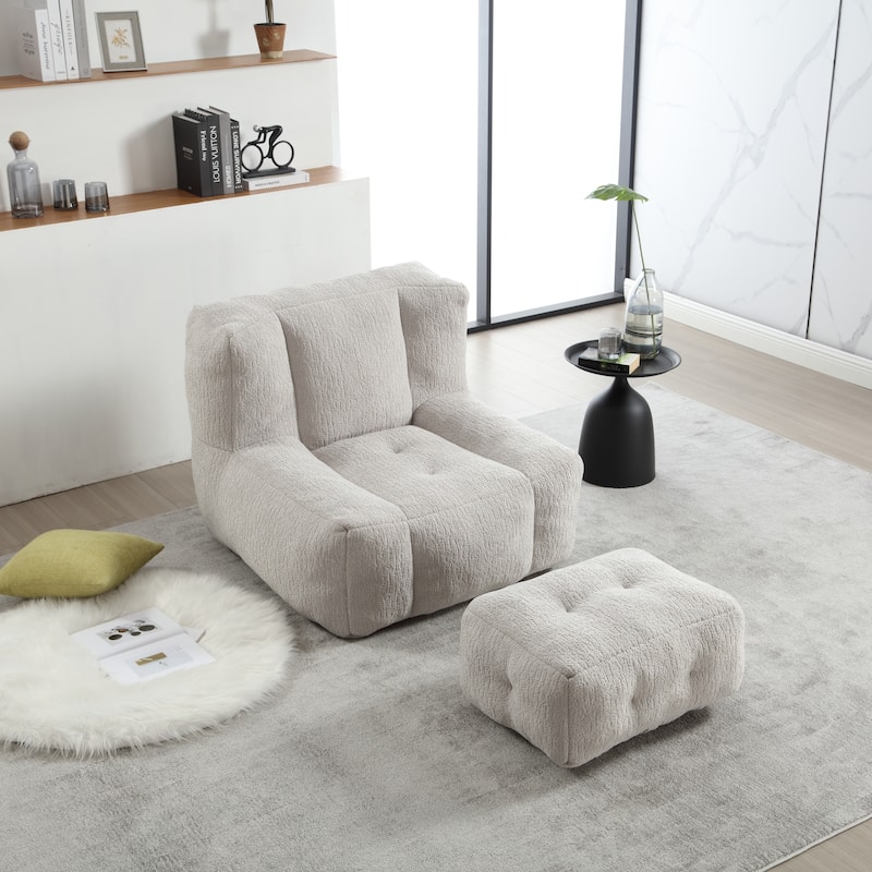 Fluffy bean bag chair with memory foam and ottoman - Grey