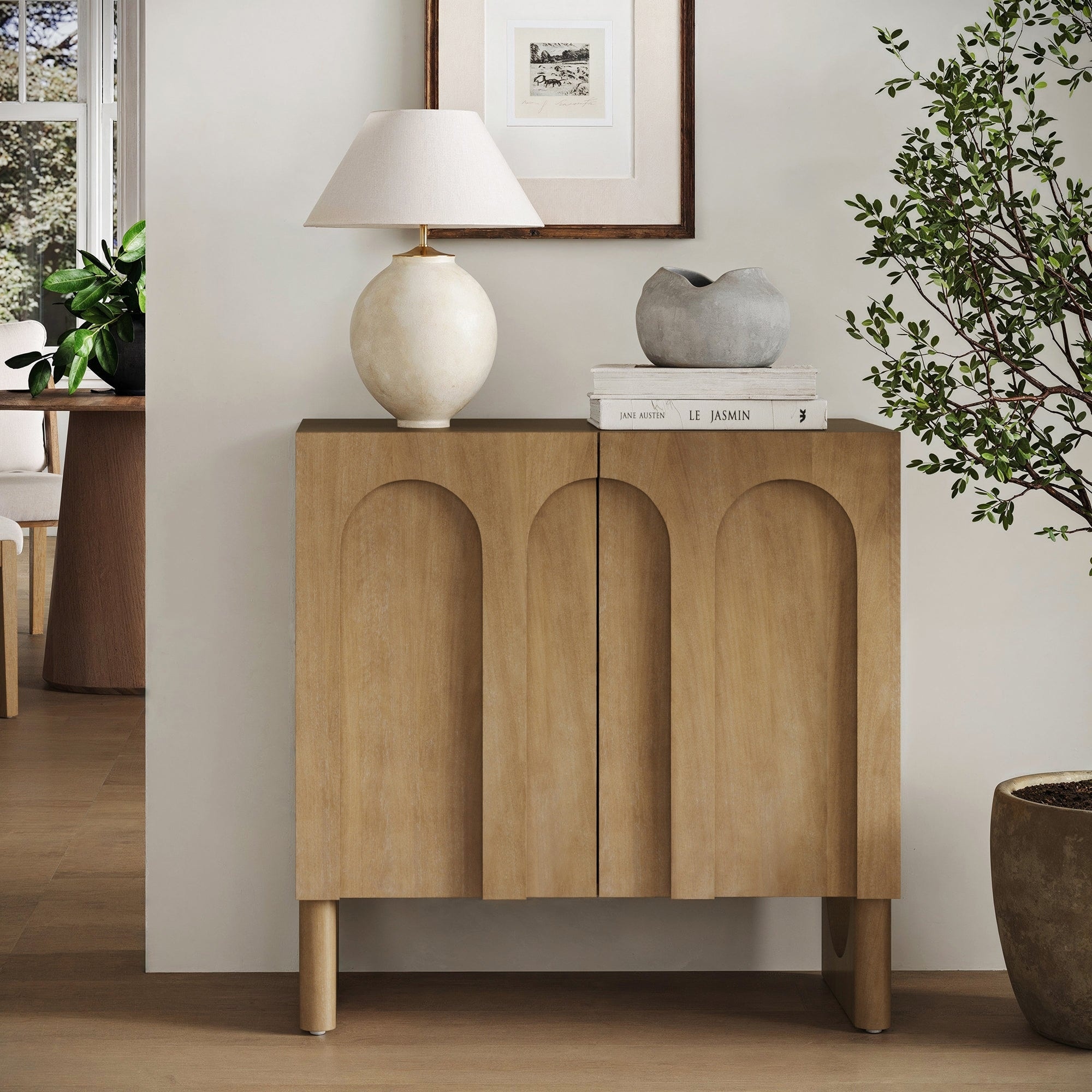 Jett Mid Century Modern Wood Credenza Storage Cabinet, Modular Arched Door Cabinet with Solid Wood Legs