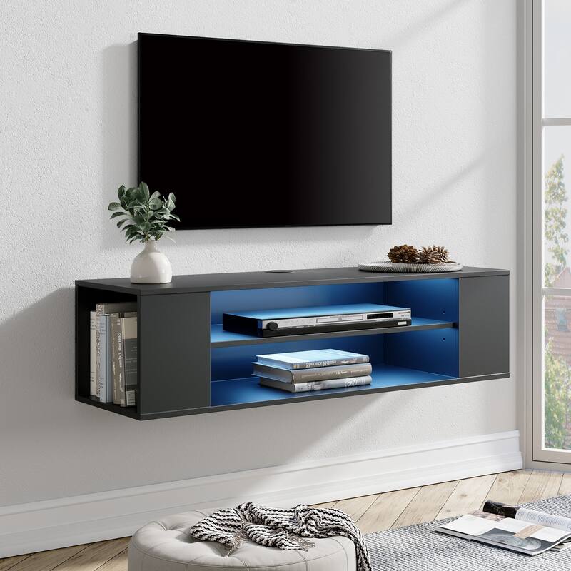 3-Tier Floating TV Stand with Adjustable Shelves for Living Room, Black - Black&Blue Light