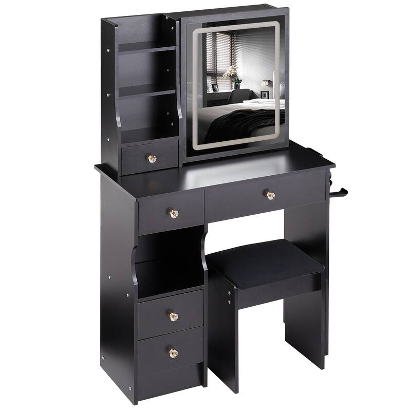 29.2" Small Size Left Drawer Desktop Vanity Table + Cushioned Stool, 2 AC+2 USB Power Station, Hair dryer bracket