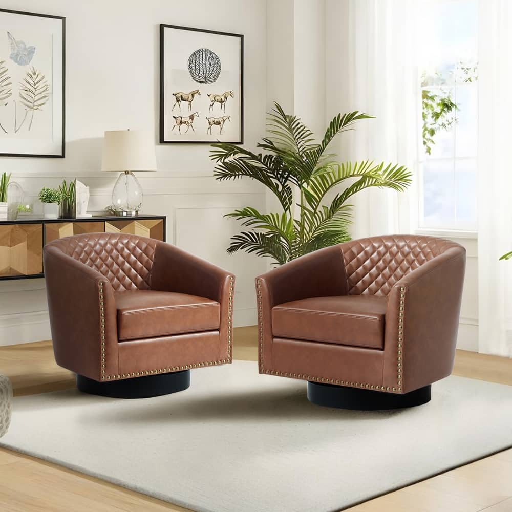 2 Set Modern Vegan Faux Leather Swivel Barrel Accent Chair