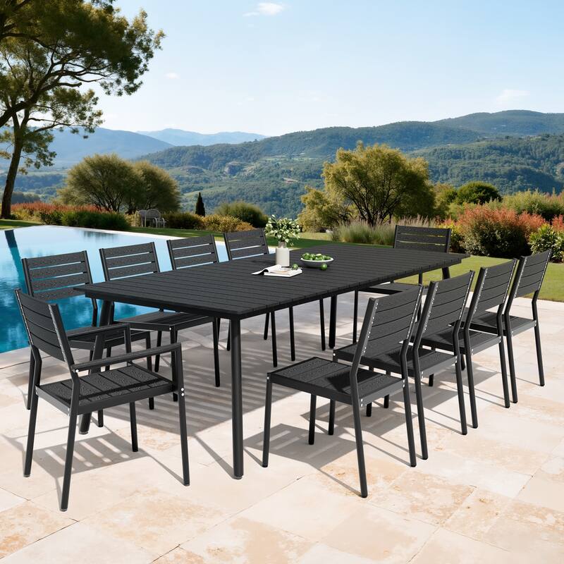 11PC Outdoor Patio Dining Set Aluminum Umbrella Hole Table with Stackable Chairs - Black
