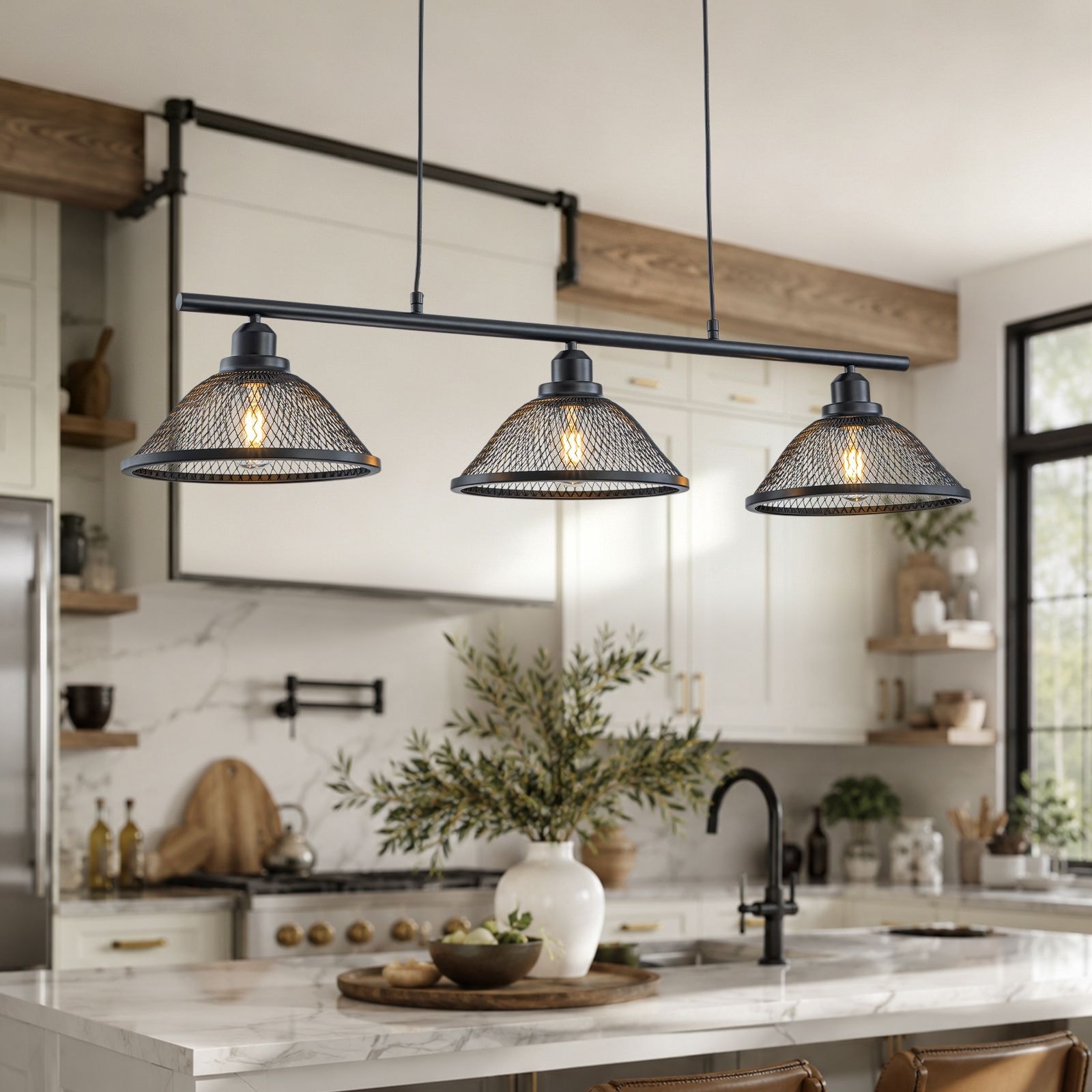 3 Light Industrial Cage Pendant Light Metal Linear Kitchen Island - 3-light