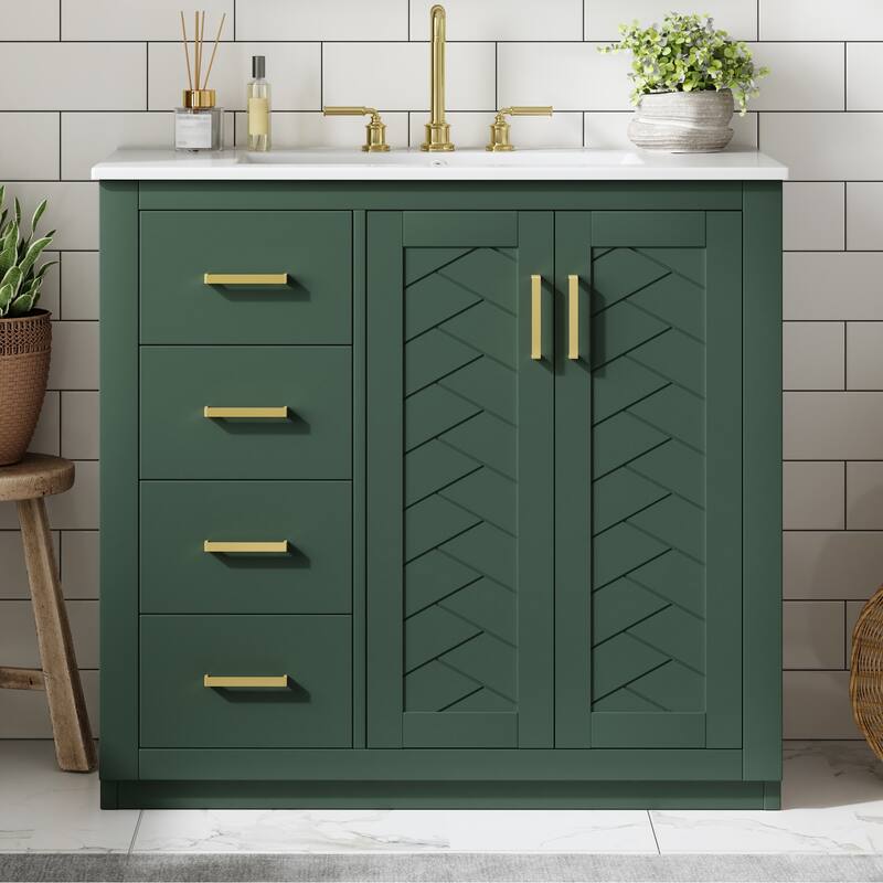 GDFStudio - Montclair Modern Freestanding Bathroom Vanity with Ceramic Sink and 3 Storage Drawers & Soft Closing Doors - 36'W - Green