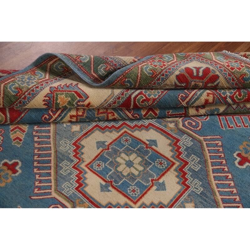 Blue Geometric Kazak Area Rug Handmade Wool Carpet - 8'0" x 9'10"