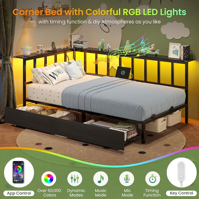 Corner Bed Frame 2 Storage Drawers Daybed Charging Station LED Lights