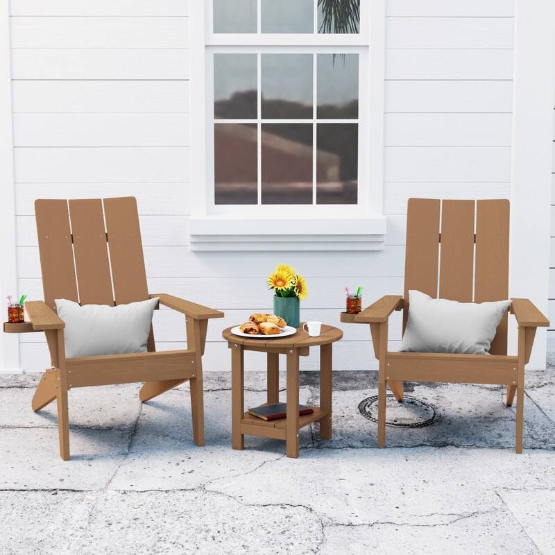 WINSOON 3-Piece All Weather HIPS Outdoor Cup Holder Adirondack Chairs and Table Set - Teak