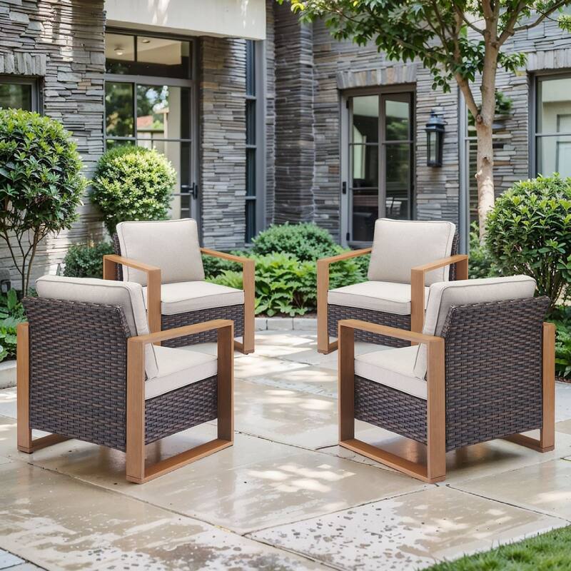 Pocassy 4 Pieces Outoor Patio Chairs Club Chair Set - Beige cushion - Brown Wicker