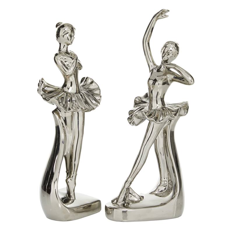 Silver Porcelain Ceramic Dancer Decorative Sculpture (Set of 2) - 4 x 2.75 x 11 and 3 x 2.5 x 10