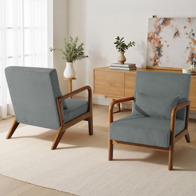 25" W Mid Century Upholstered Wood Accent Chair with Pillow set of 2