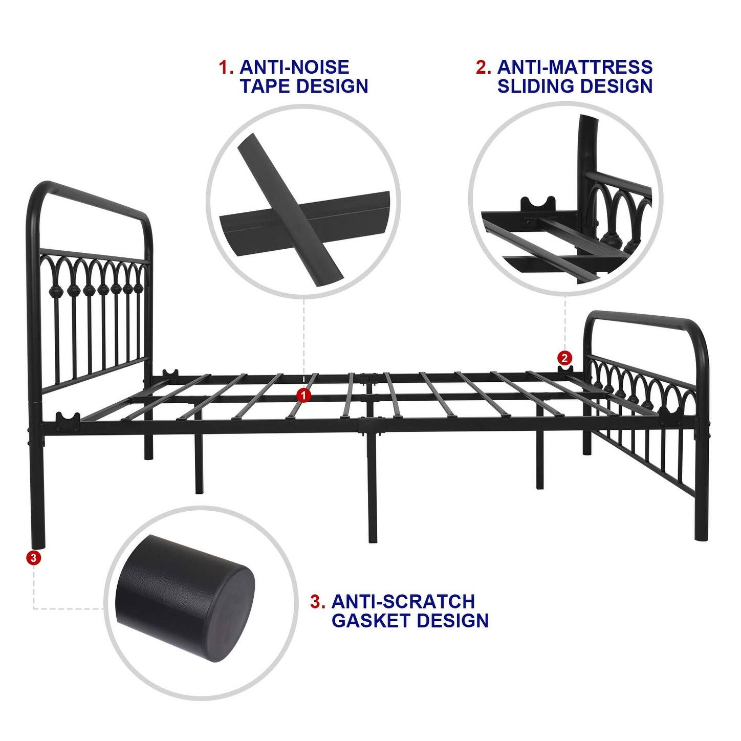Metal Bed Frame Full Size with Vintage Headboard and Footboard Platform