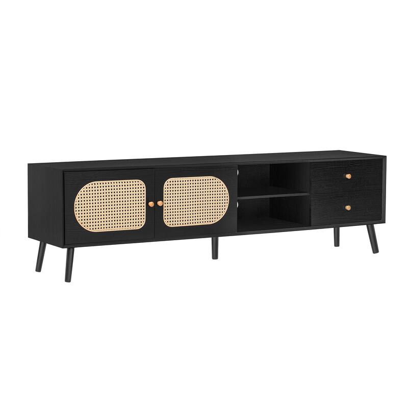 70" TV Stand up to 80 Inches,Mid Century Modern Entertainment Center with Rattan Doors,2 Drawers,and Open Shelf,Television Stand