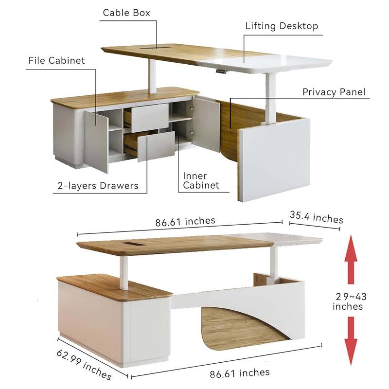 WESOME White Adjustable L Shaped Desk with LED Power Outlets, Electric Sit and Stand Desk