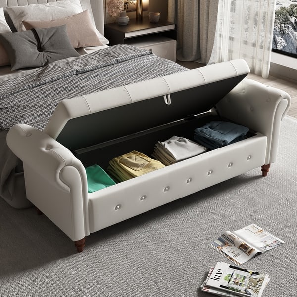 slide 2 of 14, 63" Fabric Bed Bench With Storage Beige