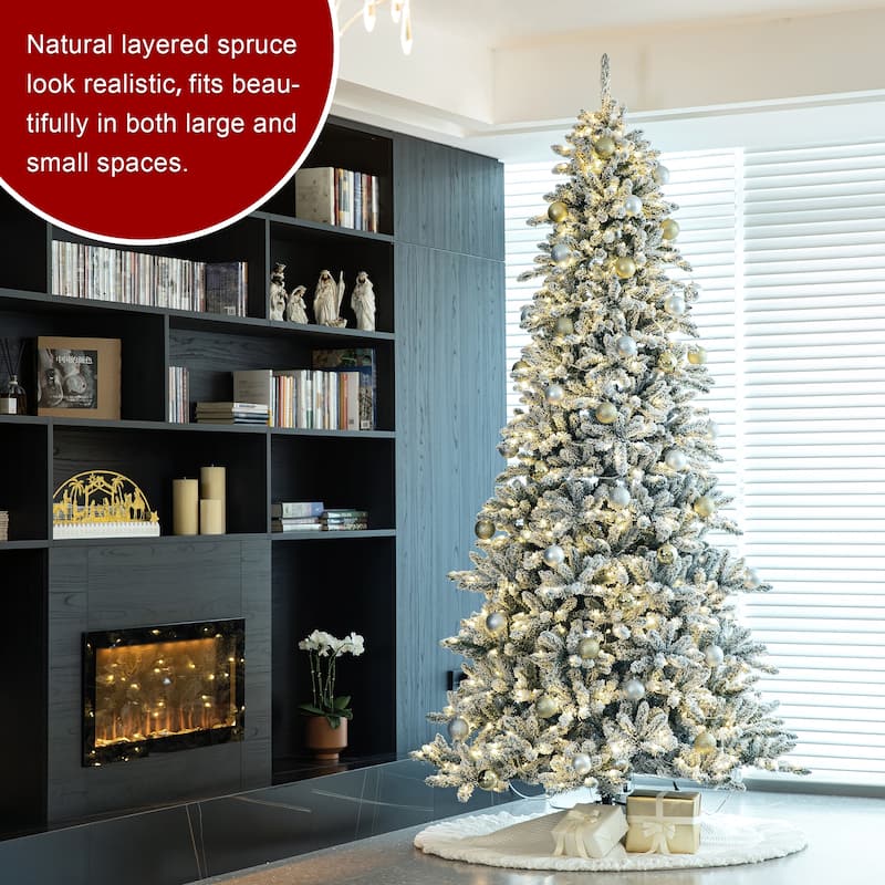 Glitzhome 6FT/7.5FT/9FT/11FT Snow Flocked Pre-lit Artificial Fir Christmas Trees