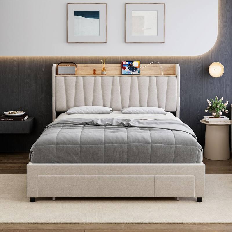 Upholstered Platform Bed with Storage Headboard, Drawer & Charging Station, Wood Slat Support