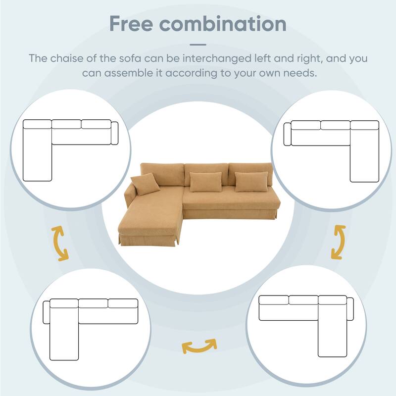 87X61"Modern L-shaped Corduroy Sofa with Reversible Chaise, 4-seat Upholstered Sectional Indoor Furniture for Living Room
