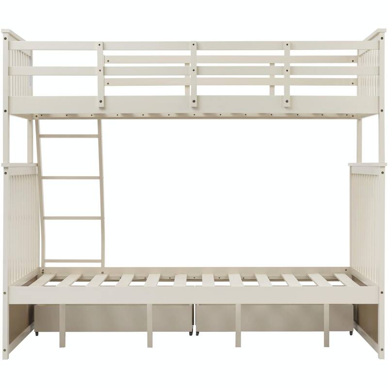 Twin Over Full Bunk Bed with Storage Drawers, Wooden Bunk Bed with Ladder and Safety Guard Rails