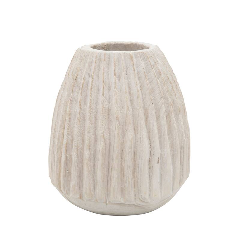 8" White Paulownia Wood Cylindrical Ridged Vase