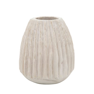 8" White Paulownia Wood Cylindrical Ridged Vase