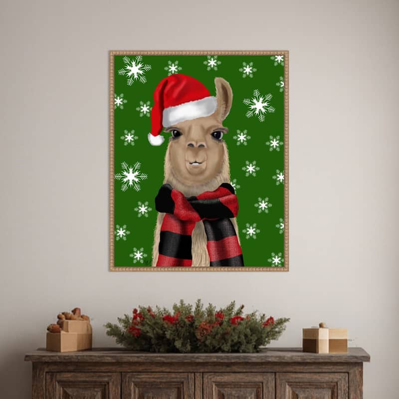 Llama Christmas Hat by Fab Funky (23 x 28 in.), Framed Canvas Wall Art Print - Sylvie Beaded Rustic Natural