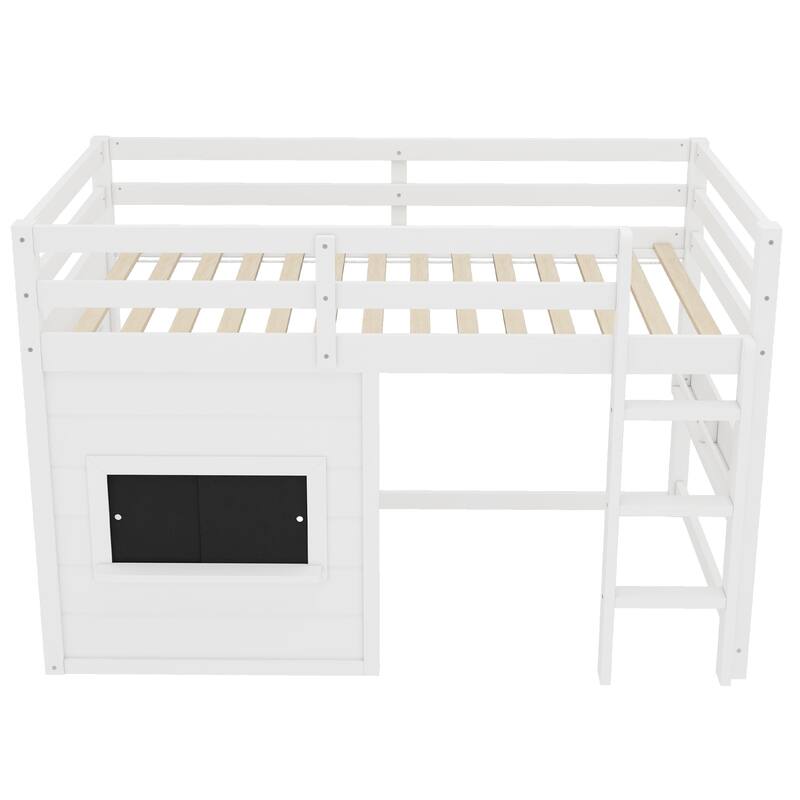 Roomfitters Low Loft Bed with Sliding Chalkboard and Bookshelf, House Frame Design