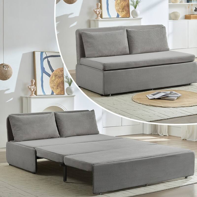 Mixoy Corduroy Fabric Queen Size/Twin Size Sofa Bed, 2-in-1 Modern Pull Out Sleeper Sofa Bed - LIGHT GREY - Queen