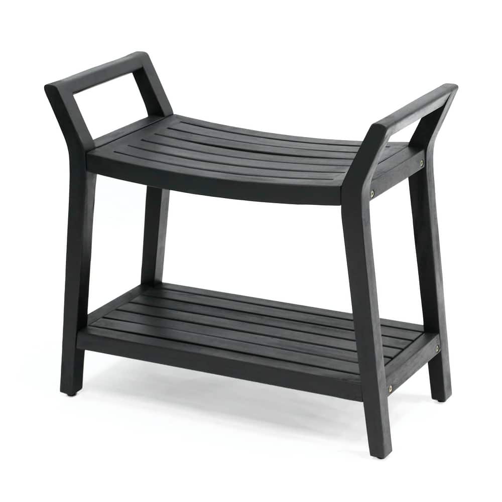 JONATHAN Y Orla 25.6" Acacia Wood Slatted Shower Bench with Shelf & Handle - 25.59L x 12.01W x 23.03H