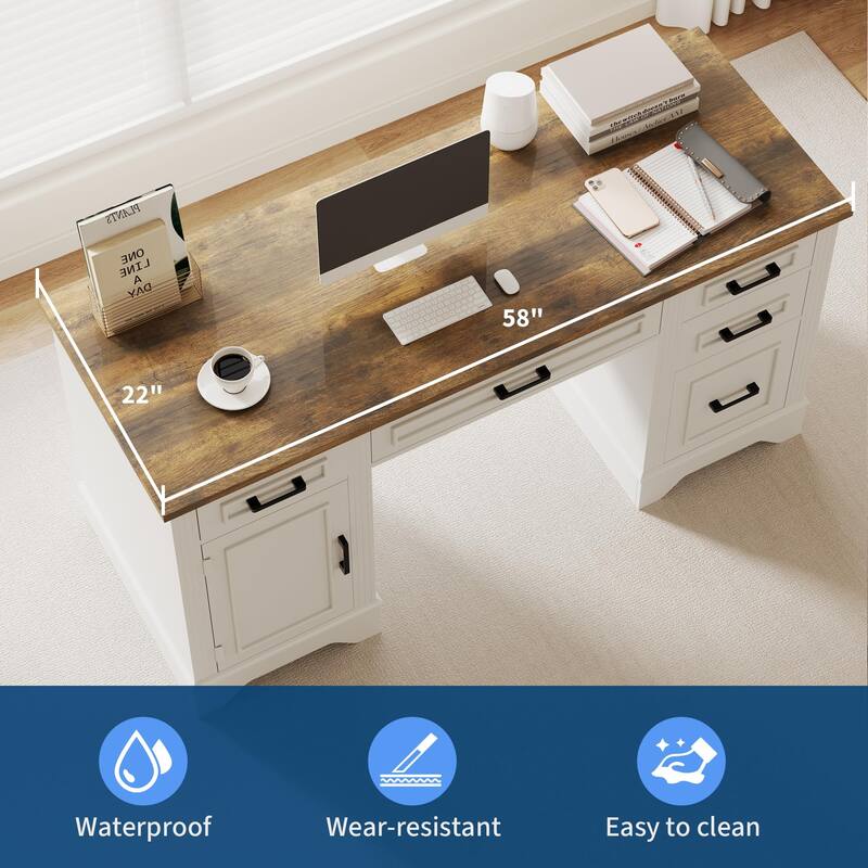 58 Inch Large Home Office Desk, Farmhouse Executive Desk with 5 Drawers & Cabinet, Modern Minimalist Wood Writing Table