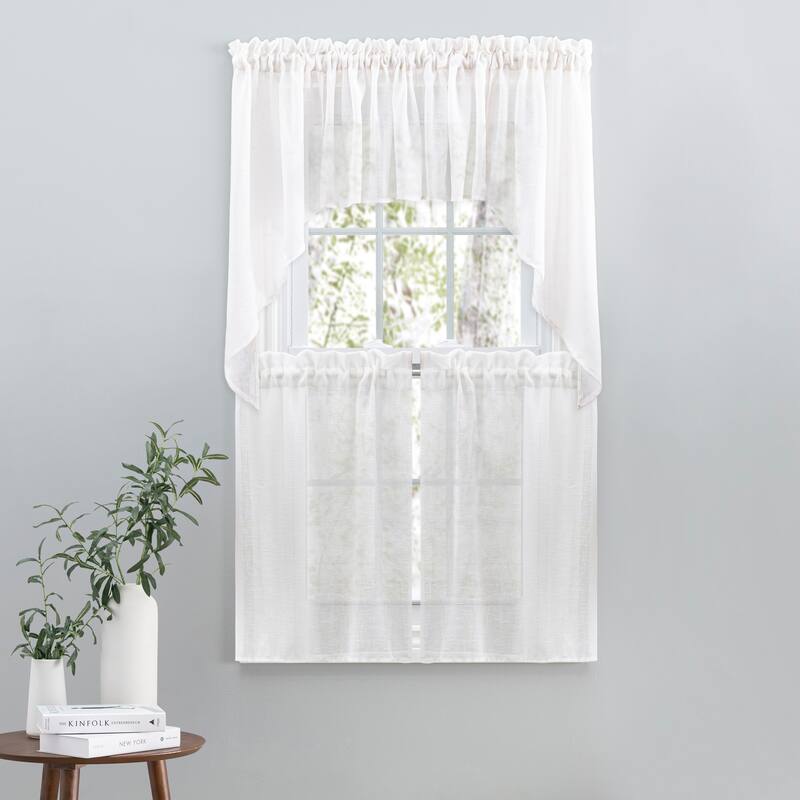 Shannon Premium Linen Rod Pocket W Header Kitchen Curtains - Tier, Swag or Tailored Valance (Sold Separately) - 52"W x 36"L Swag Pair - White