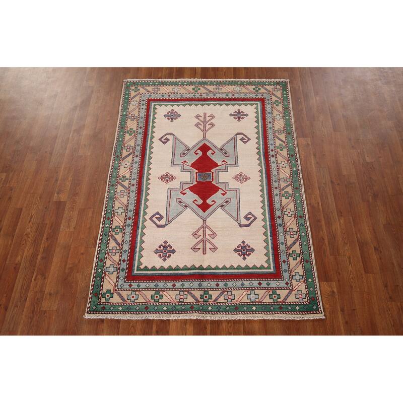 Ivory Geometric Kazak Oriental Area Rug Handmade Bedroom Wool Carpet - 4'0" x 5'9"