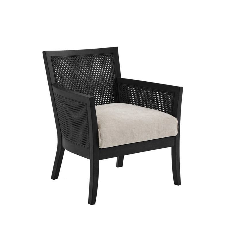 Roomfitters Farmhouse Cane Accent Chair, Solid Wood Frame Armchair with Upholstered Cushion and Rattan Panels, Black