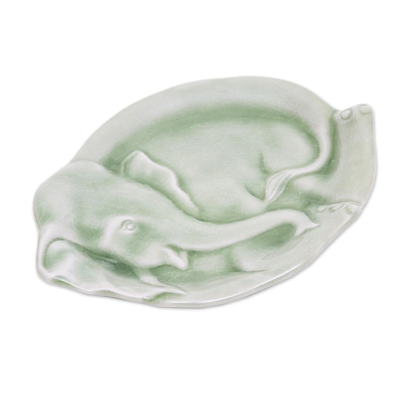 Novica Handmade Elephant At Rest In Green Celadon Ceramic Plate