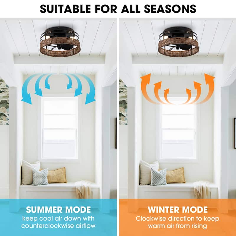 Farmhouse Black 3-Blade Rattan Small Flush Mount Ceiling Fan with Remote - 12.5-in W