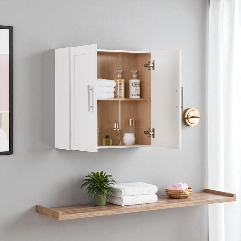 Wall-Mounted Wood Cabinet with 2 Doors and Adjustable Shelves for Bathroom, Kitchen, or Office