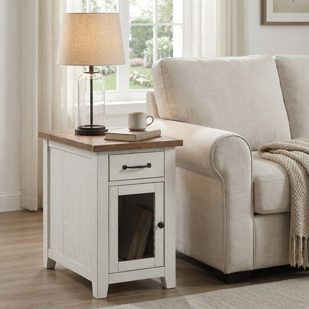 Rustic Solid Wood Chairside End Table with Hidden Charging Station