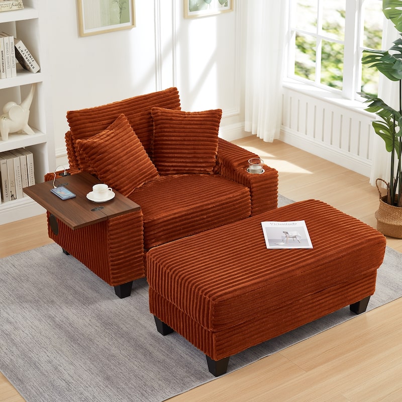 Versatile Chaise Lounge Single Sofa Chair with Ottoman, Swivel Table, Storage Armrest, Cup Holder, Bluetooth Speaker and USB - Orange
