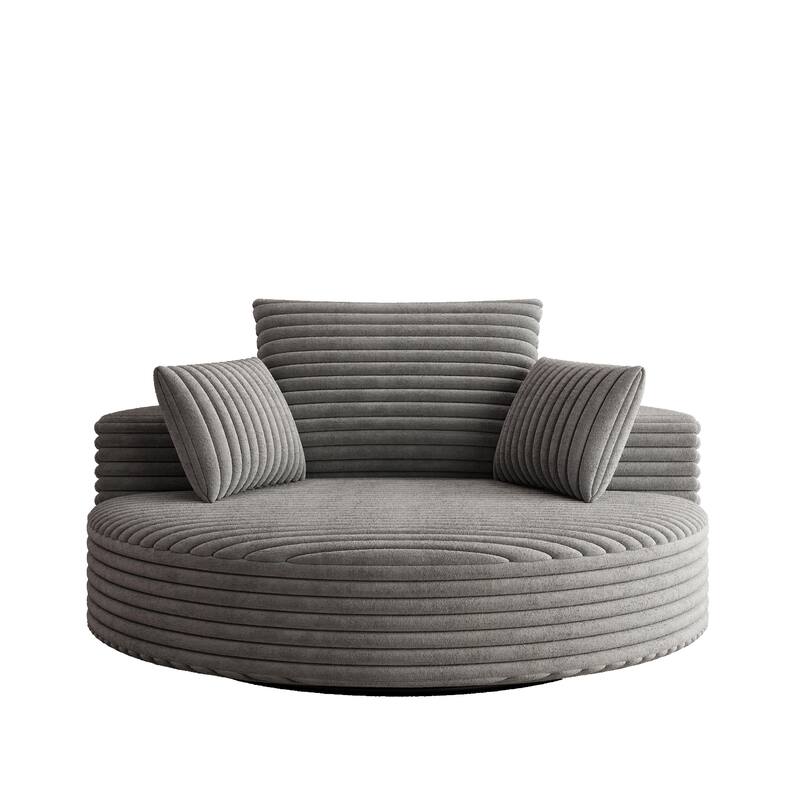 Oversized Swivel Accent Chair, Corduroy Round Lounge Sofa Chair, Upholstered Reading Armchair with Back Cushion & 2 Pillows
