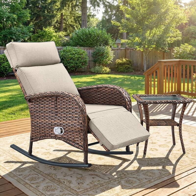Pocassy Versatile Outdoor Recliner Rocker Chair with Side Table - Brown Wicker with Beige Cushion - 2-Piece Rocker Recliner Chair with Side Table