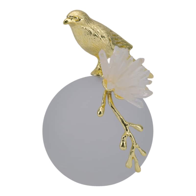 Metal Bird Statue with Crystal Sphere Base - 7", Gold & White - 7.0"