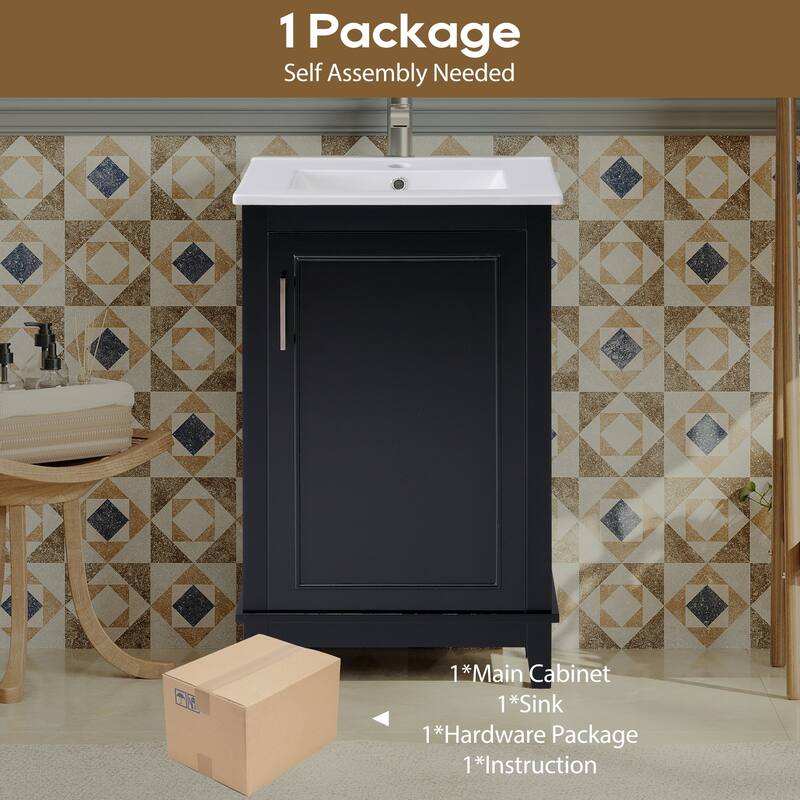 20" Modern Bathroom Vanity with Ceramic Sink, Soft-Close Door & Storage Shelf -Space-Saving Design.
