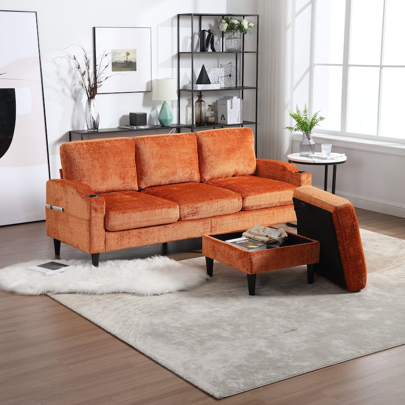 Chenille Deep Seat Couch with Chaise, L-shaped Sectional Sofa with Storage Ottoman, Cup Holders and Side Pockets for Living Room