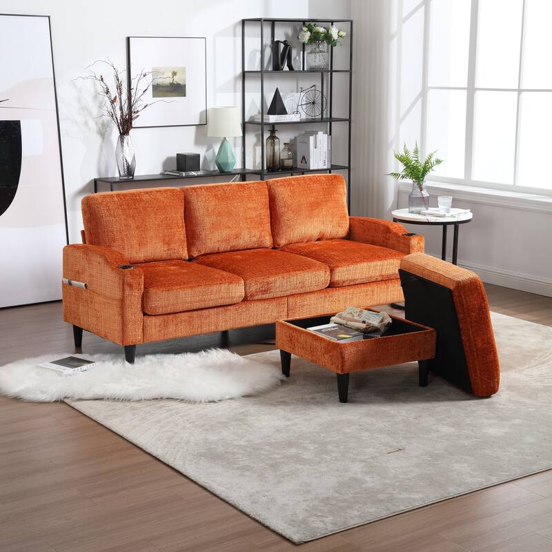 Modular Sectional Sofa with Storage Ottoman, Comfy Chenille Fabric Sofa, 3-Seater Sofa with Side Pockets & 2 Cup Holders