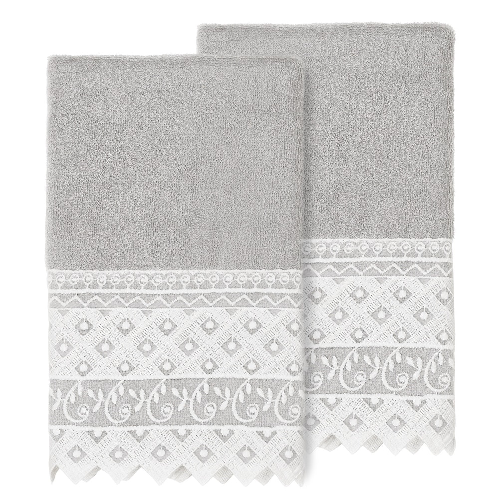 Authentic Hotel and Spa 100% Turkish Cotton Aiden 2PC White Lace Embellished Hand Towel Set
