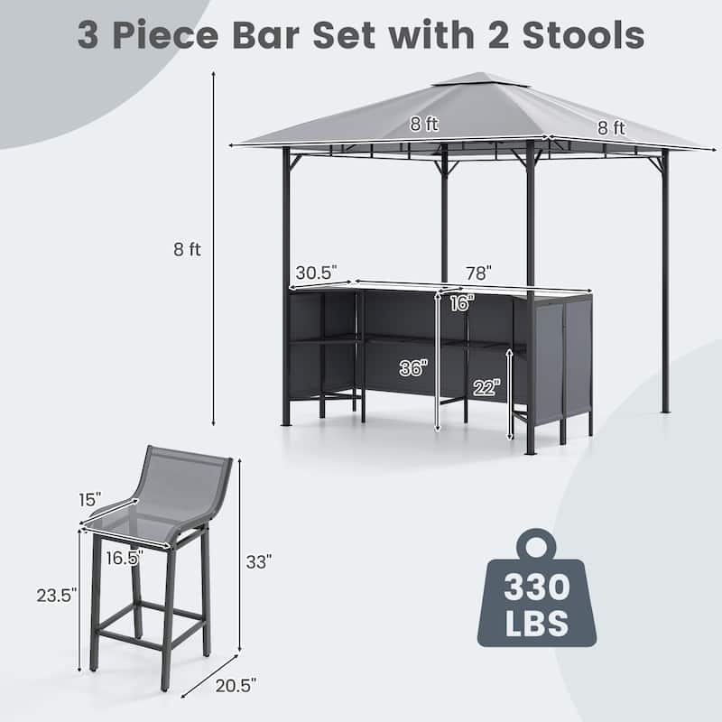 Outdoor 3 Piece Bar Set with Grill Gazebo and 2 Bar Stools Double Tier Canopy and Storage Shelf - 8 x 8 x 8 ft